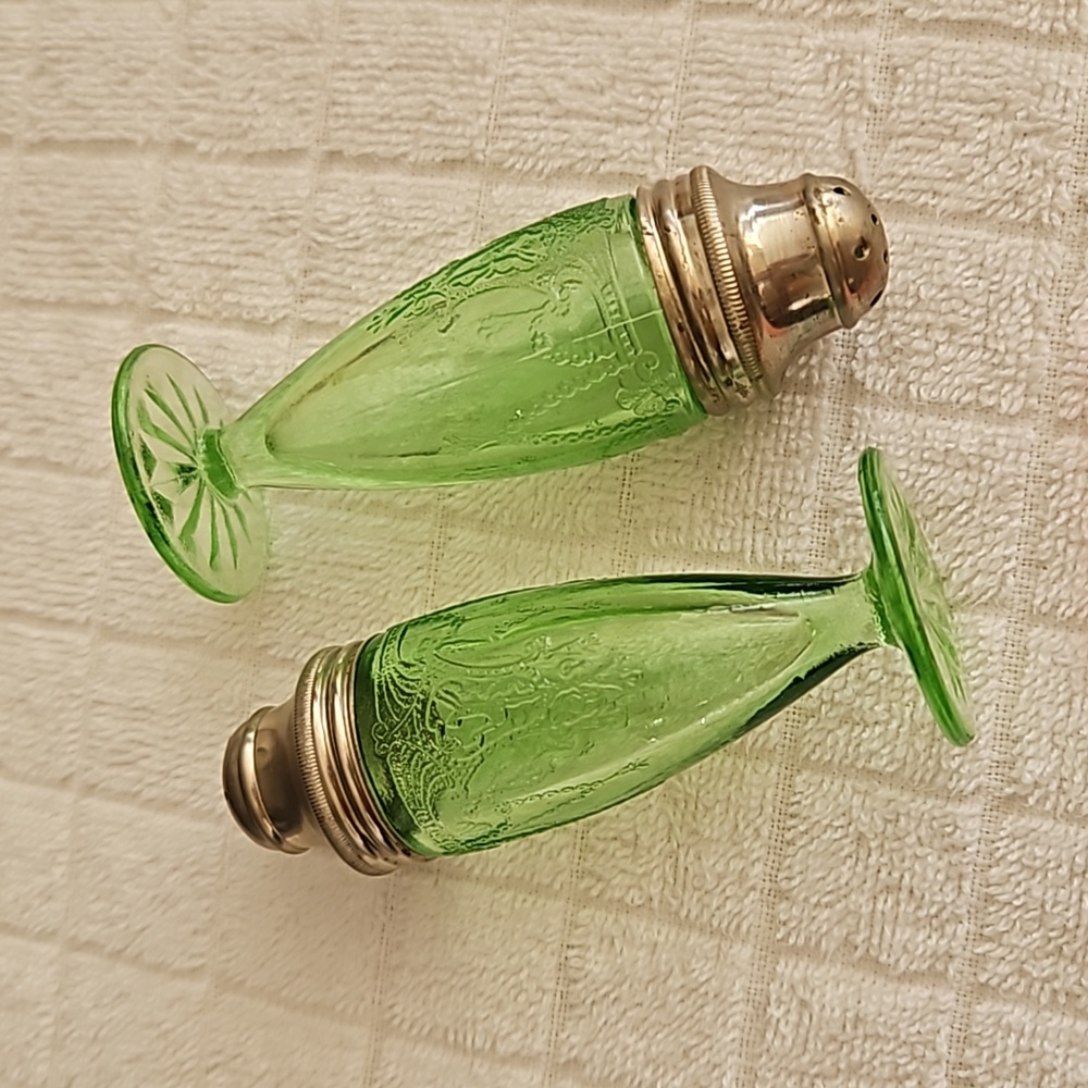 SOLD Green Uranium Depression Glass Cameo,Ballerina,Dancing Girl Salt and Pepper